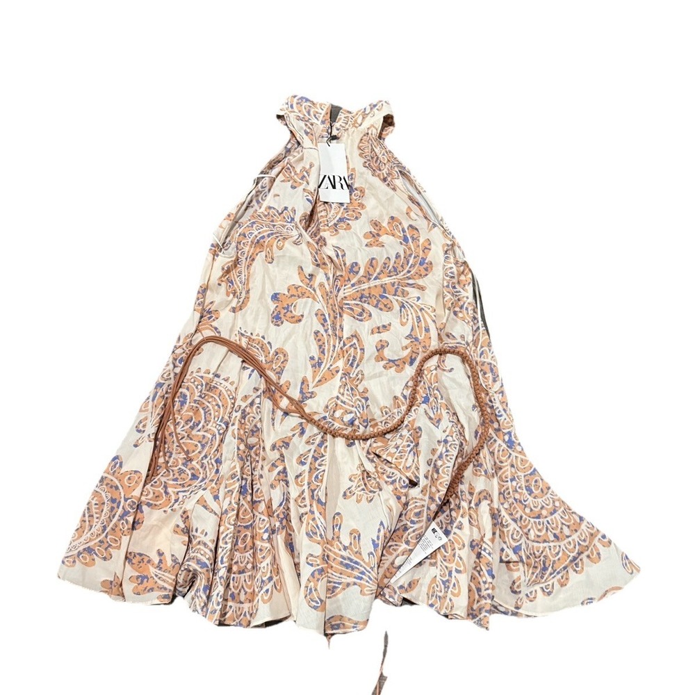 Zara‎ Dress Ivory Cream Tan XXL paisley Belted Dress Halter Neck New - Picture 5 of 7